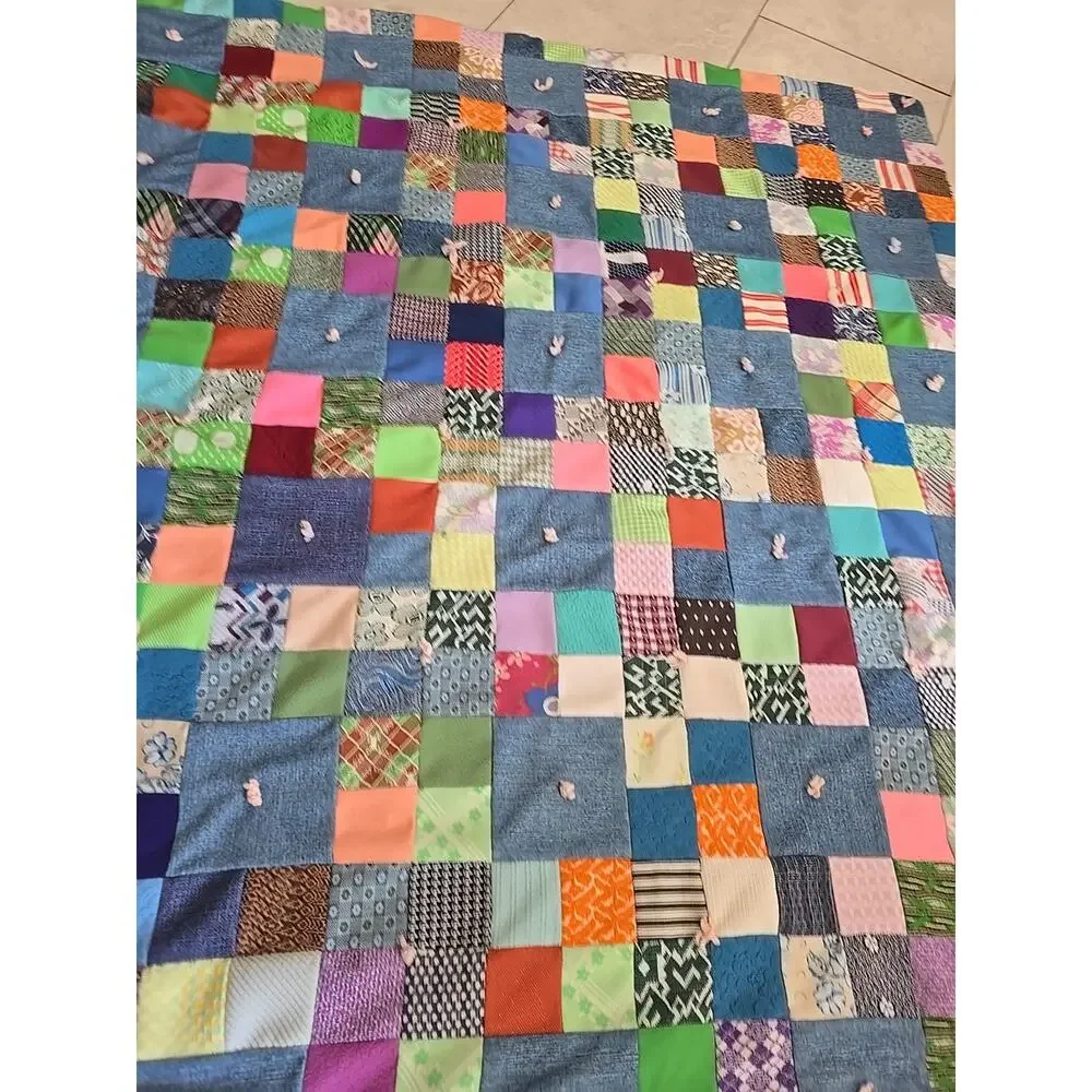 Vtg Multicolor Mixed Media Patchwork Reversible Quilted Bedding Throw 59